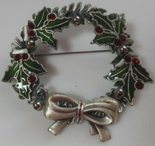 Signed KC Silver-tone Enamel Rhinestone Christmas Holy Wreath Brooch/Pin - $9.41