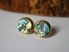 Abalone shell stud earrings gold, Colorful mother of pearl stud earrings, 12mm,  - £25.72 GBP