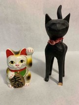 Vintage Cat Collection Ceramic Wood Japan Folk Art Sculpture Coin Bank - $39.59