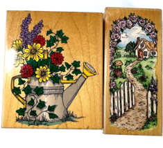 Vtg Stampendous Cottage Path Wishing Well Roses Watering Can Bouquet 2 Stamps - £15.97 GBP