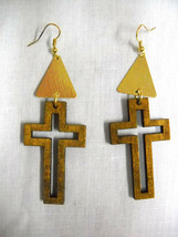 Wooden Cross Silhouette Medium Brown Goldtone Accents Dangling Earrings - £4.78 GBP