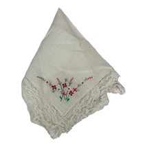 Vintage 10” Floral Bouquet Embroidered Handkerchief With Wide Thick Lace... - $12.18