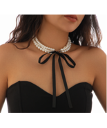 Handmade y2k Elegant Multilayer Pearl Necklace Velvet Ribbon Bow Choker ... - $18.02 CAD