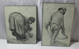 2 Vtg Athena Block Board prints Van Gogh Peasant reaping corn &amp; Woman Gleaning - £23.46 GBP