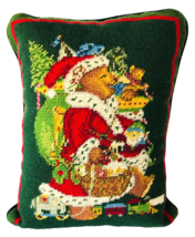 Needlepoint Christmas Pillow Cushion Santa Bear with Toys 15 x 12&quot; Velvet Back - £26.82 GBP