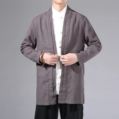  Men Linen Kimono Cardigan Mens Black Open Stitch Cotton Trench Jacket Male Hara - £182.91 GBP