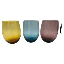 set of 3 Stemless Wine Glasses 14 oz. Amber, Blue, Purple 4&quot; Tall - £19.88 GBP