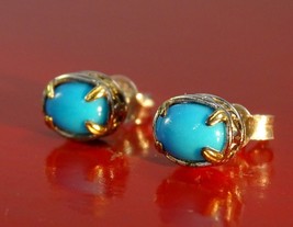 18K Yellow Gold Sterling Silver Post Stud Oval Sleeping Beauty Turquoise... - $98.01