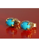 18K Yellow Gold Sterling Silver Post Stud Oval Sleeping Beauty Turquoise... - £77.07 GBP