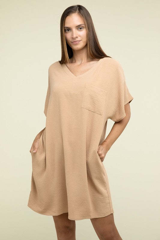 Woven Airflow V Neck T-Shirt Dress with Pockets - $22.80
