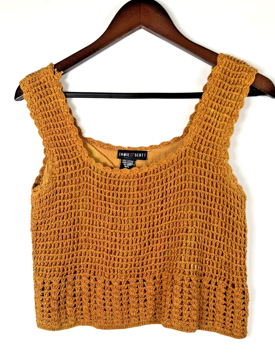 Primary image for Crochet Knit Crop Top Vintage Medium Orange Boho Hippie Festival Y2K Gypsy Core