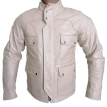 4 Cargo Pockets Cowhide Leather Classic Motorcycle Jacket Cream Color Biker Gear - £165.12 GBP