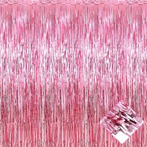 4 Pack 3.2Ft X 8.2Ft Pink Foil Fringe Curtain Backdrop, Metallic Tinsel Foil Fri - £23.96 GBP