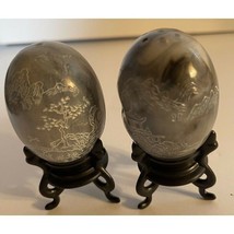 Salt and Pepper Shakers Gray Eggs on a Black Pedestal Oriental Mountain ... - $9.50