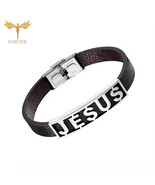New Men&#39;s Black &amp; Silver Jesus Stainless Cuff Bracelet - $216.18 MXN