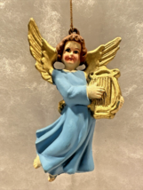 Vintage 1970s Angel with Blue Gown Gold Wings Playing Harp Christmas Orn... - £5.07 GBP
