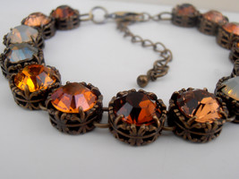 Brown Multi-color Crystal Filigree Bracelet in Antique Bronze Art Deco Jewelry - £36.14 GBP