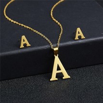 Rinhoo New Initial A-Z Letters Pendant Stainless Steel Link Chain Necklace Earri - £15.50 GBP