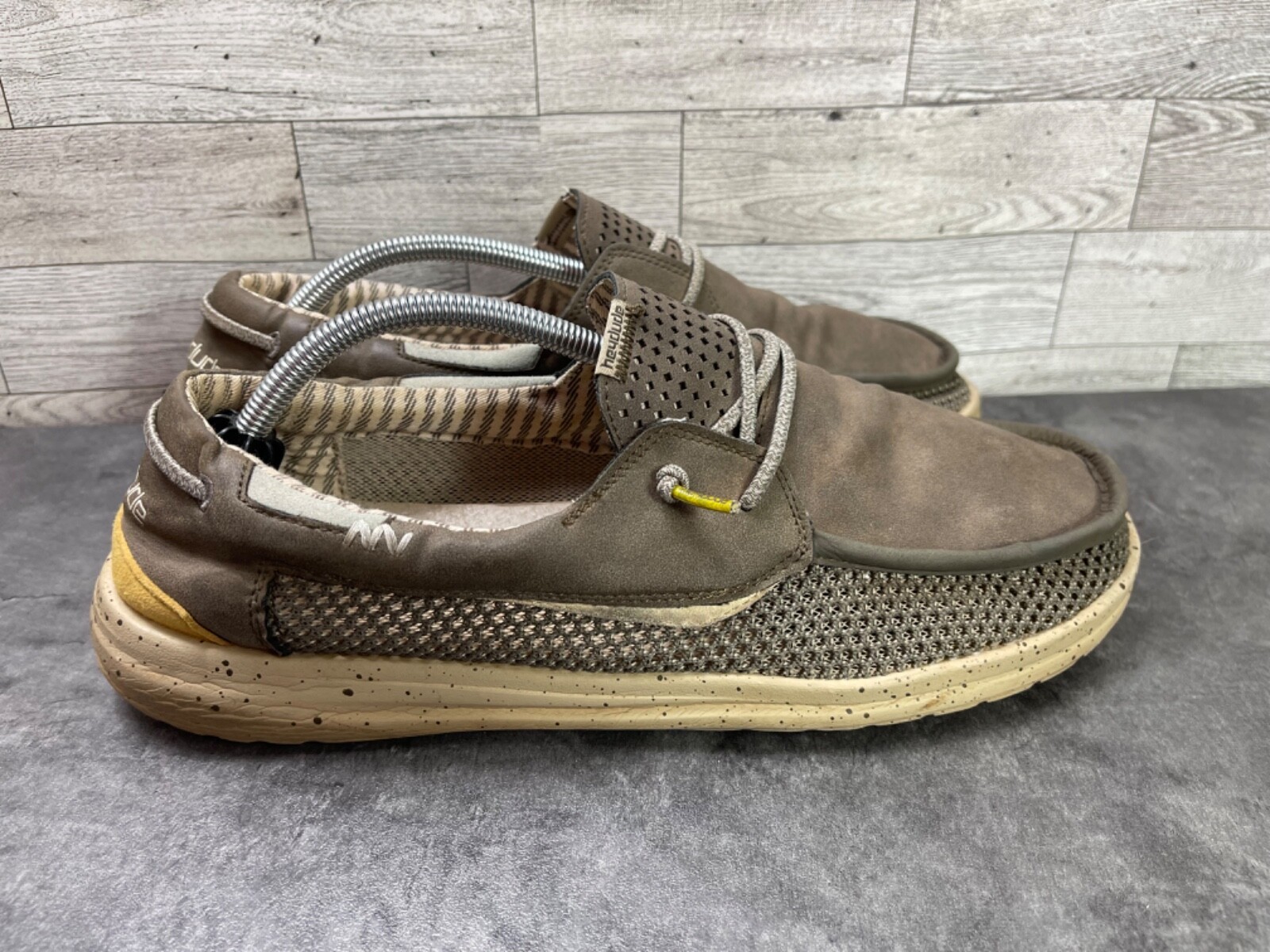 Hey Dude Loafers Men 12 M Welsh Shoes Brown Gray Canvas Slip On Casual Beach Item image 3