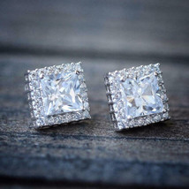 2.00 CT Princess Cut Simulated Diamond Halo Stud Earrings 14K Gold Plated Silver - £40.09 GBP