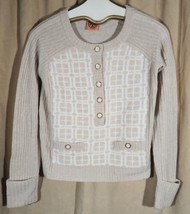 $298 TORY BURCH geometric Henley sweater S tan+white ribbed button pullover - £22.93 GBP