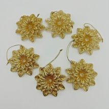 6 Piece Lot Set Of Gold Glitter Poinsettia Christmas Ornaments 3” - £19.95 GBP