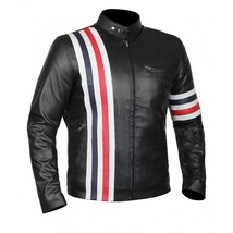 Men&#39;s Black Cafe Racer USA Flag Motorcycle Leather Jacket - Free Shipping - £127.07 GBP