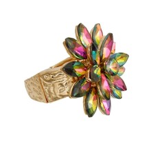 Pink &amp; Green Marquise Crystal Rhinestone Stacked Flower Silver Stretch Ring - £30.73 GBP