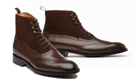 Men High Ankle Coffee Brown Superior Suede Leather Men Wing Tip Brogue T... - £118.14 GBP