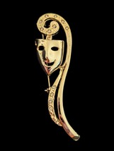 Vintage Theater Comedy Mask Brooch Pin Rhinestones Gold Tone 3&quot; Tall Smile  - $186.81 MXN
