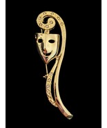 Vintage Theater Comedy Mask Brooch Pin Rhinestones Gold Tone 3&quot; Tall Smile  - $186.59 MXN