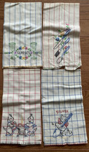 Vintage Set 4 Kitchen TOWELS Hand Embroidered Stripe Fabric Glasses Silver  - $12.50