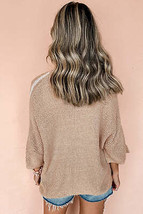 Light French Beige Contrast Striped 3/4 Sleeve Crew Neck Sweater - £22.16 GBP