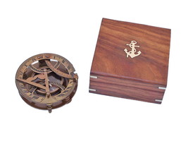 Antique Brass Round Sundial Compass with Rosewood Box 6&quot;&quot; - £89.92 GBP