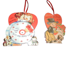 2 NEW Retro Vintage Valentine ORNAMENTS Boy &amp; Puppy Kissing Couple KITTEN - £13.44 GBP