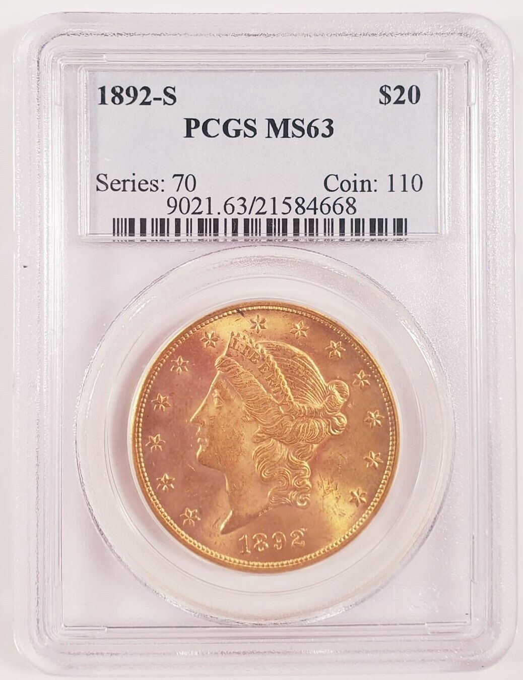 1892-S $20 Gold Liberty Double Eagle Graded by PCGS as MS-63! Early US G... - $5,654.37