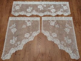 6pc Floral Rose Scalloped Lace Window Valances &amp; Swag Sets Shabby Chic VTG - £39.30 GBP