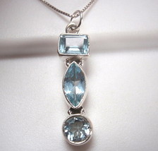 Faceted Blue Topaz Marquise 3-Gem 925 Sterling Silver Necklace - £14.42 GBP