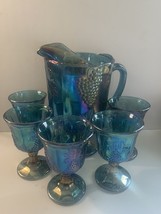 Indiana Glass Iridescent Blue Carnival Glass Harvest Pitcher &amp; 4 Goblets Vintage - $28.04