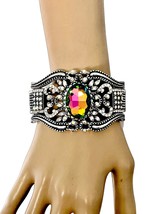 2&quot; Wide Vintage Inspired Oval Iridescent Vitrail Crystal Chunky Hinge Bracelet - £18.18 GBP