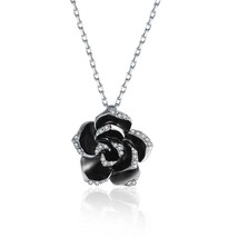 White Gold Plated Large Onyx Rose Petal Necklace - £19.97 GBP
