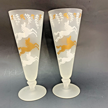 2 Libbey Cavalcade Frosted Pilsner Cocktail Beer Glass Gold White Horses... - $12.95