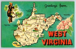 Postcard Greetings From West Virginia Map State Flower Animal  c1960&#39;s - $4.75