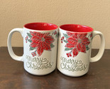Set Of 2 Spectrum Poinsettia Merry Christmas Stoneware Coffee Mug New - £29.25 GBP