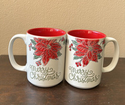 Set Of 2 Spectrum Poinsettia Merry Christmas Stoneware Coffee Mug New - £29.56 GBP