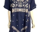 Johnny Was Navy Blue with Tan Embroidery V Neck Short Sleeve  Linen Dres... - £90.83 GBP
