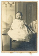 Circa 1880&#39;S Antique Cabinet Card Of Adorable Little Baby In White Dress Smiling - £7.42 GBP