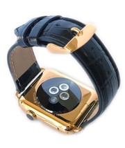 24K Gold 42MM Apple WATCH SERIES 3 Stainless Steel Black Band - Wooden Watch Box - £530.14 GBP