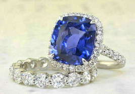 Halo 5.35ct Blue Cushion Sapphire Diamond 14K Gold Engagement Bridal Ring Set - £230.93 GBP