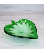 Vintage Art Blown 9&quot; Glass Dish Green Heart Leaf w/ Pearly White &amp; Gold ... - $126.09